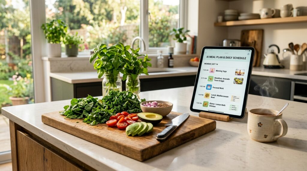 Healthy kitchen counter with fresh vegetables and tablet showing AI-assisted meal plan and daily schedule