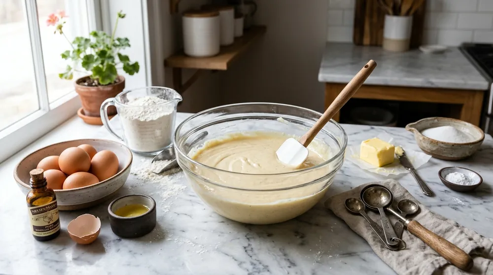Cake baking ingredients with flour, eggs, butter, and mixing bowl on kitchen counter
