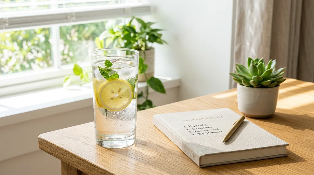Glass of cold lemon water on morning table with sunlight to fight chronic fatigue