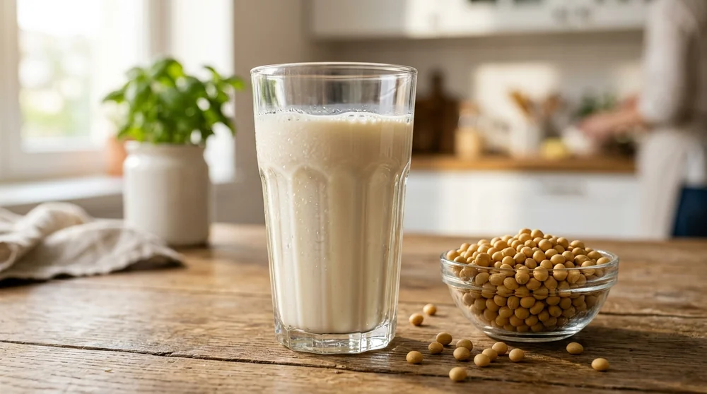 A glass of fresh unsweetened soy milk next to a bowl of raw soybeans on a wooden table
