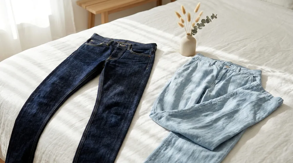 Comparison of rigid tight denim skinny jeans next to comfortable relaxed fit trousers